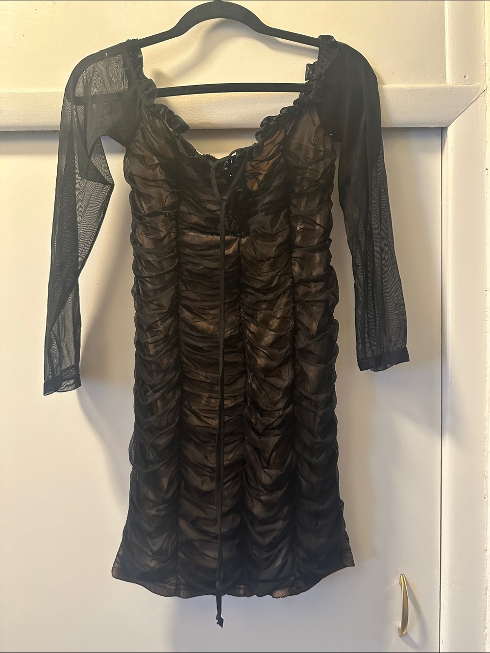 Fashion Nova Black Ruched Lace-Up Mesh Dress